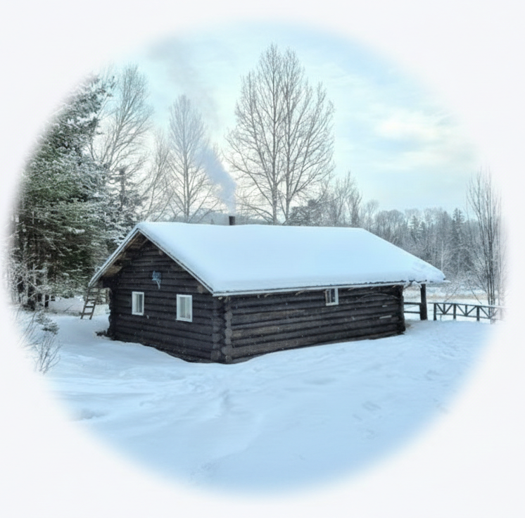 The log camp surrounded by snow and winter woods